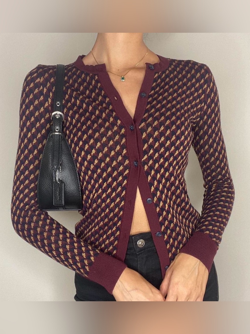 Ann Taylor Burgundy and Gold Houndstooth Button Cardigan,Size SP